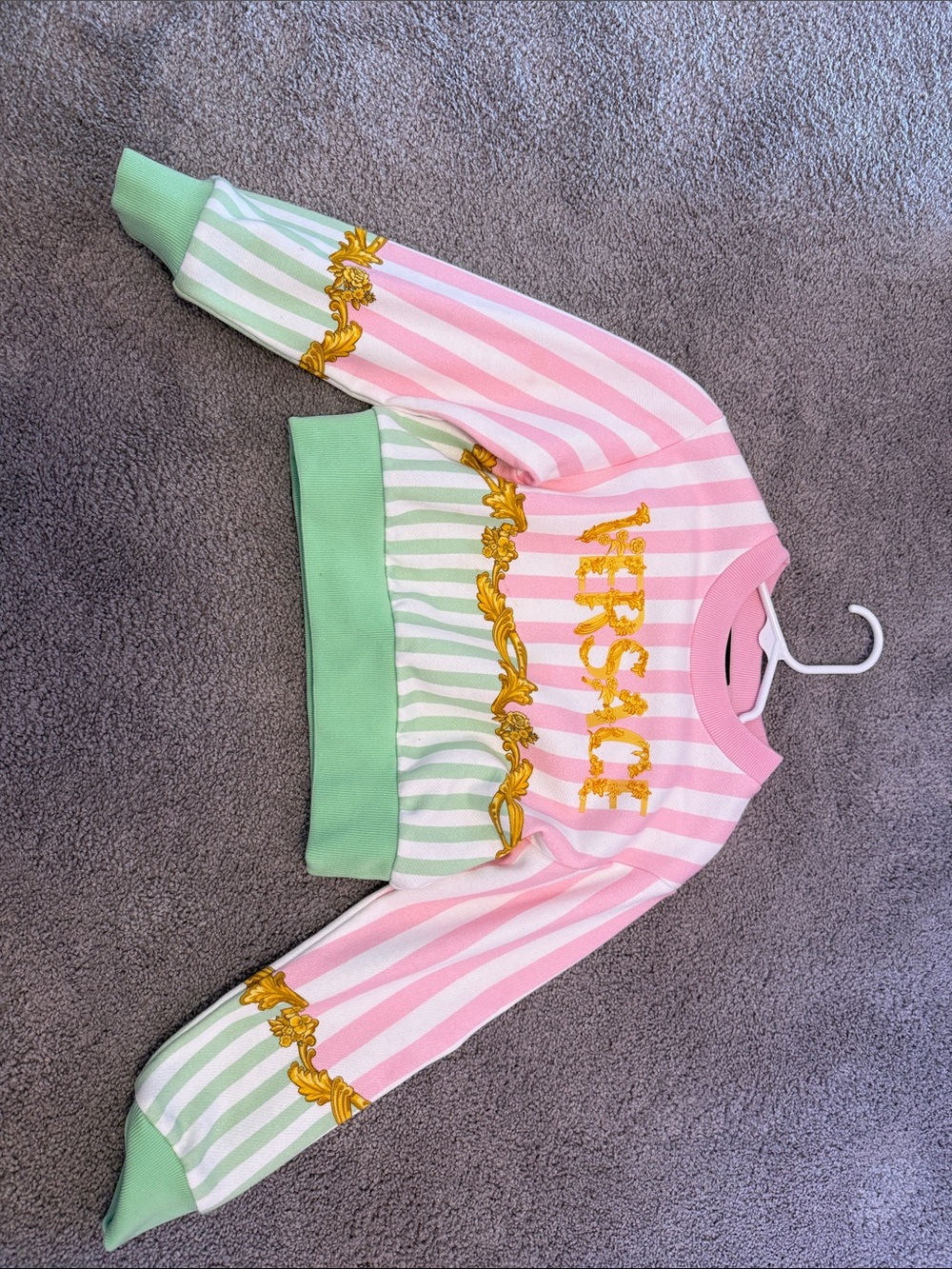 Versace Pink and White Striped Kids Tee with Gold Logo size 6 girls wore once